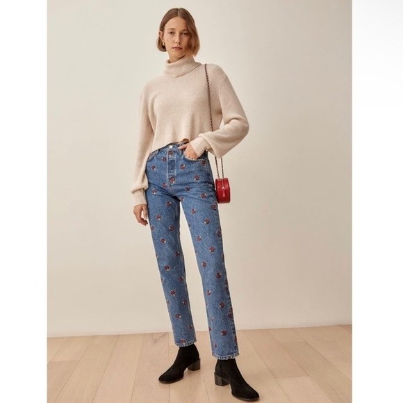 Reformation Mushroom Embroidered High Rise Straight Jeans Size 23 - Picture 4 of 11